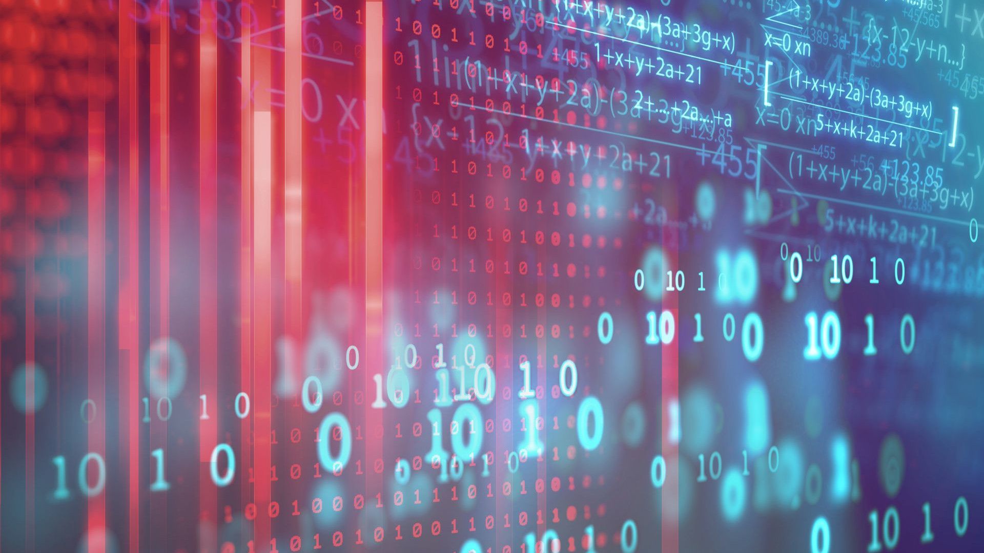 Abstract digital visualization featuring binary code, mathematical formulas, and data streams in blue and red tones.