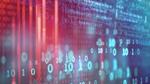 Abstract digital visualization featuring binary code, mathematical formulas, and data streams in blue and red tones.